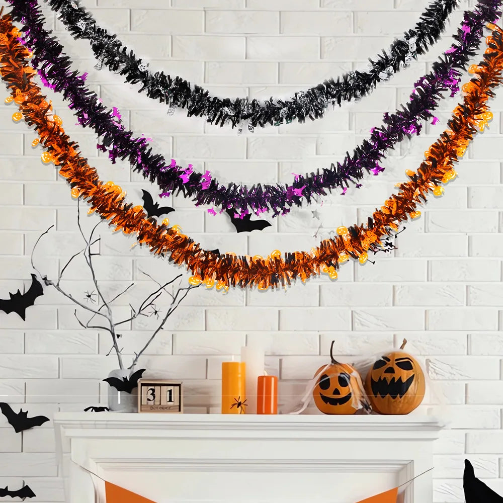 Halloween Decorative Streamers - 2m Dense Pumpkin & Skull Tinsel Hangings | Haunted House & Yard Decor with Bat Garlands