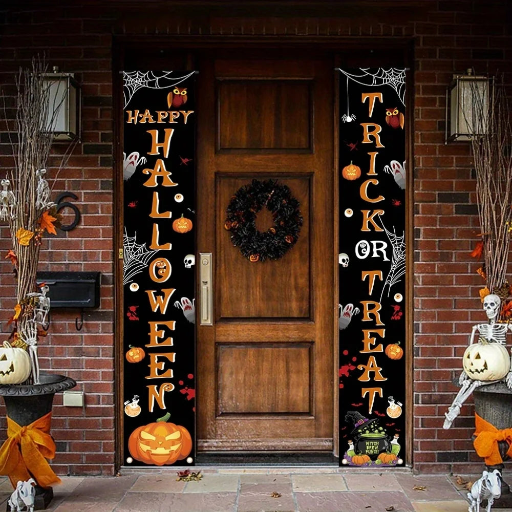 Halloween welcome banner, 1 piece, design includes pumpkins, spider webs and skulls, terrifying decoration on the wall.