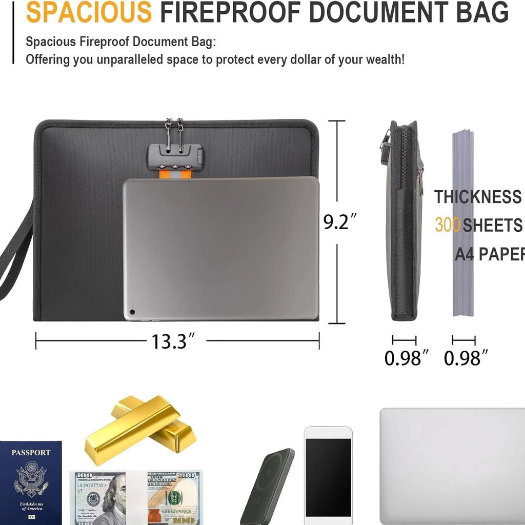 Portable File Bag Waterproof Fireproof Document Bag with Zipper Combination Lock Certificates Money Cards Safety Bag Protect