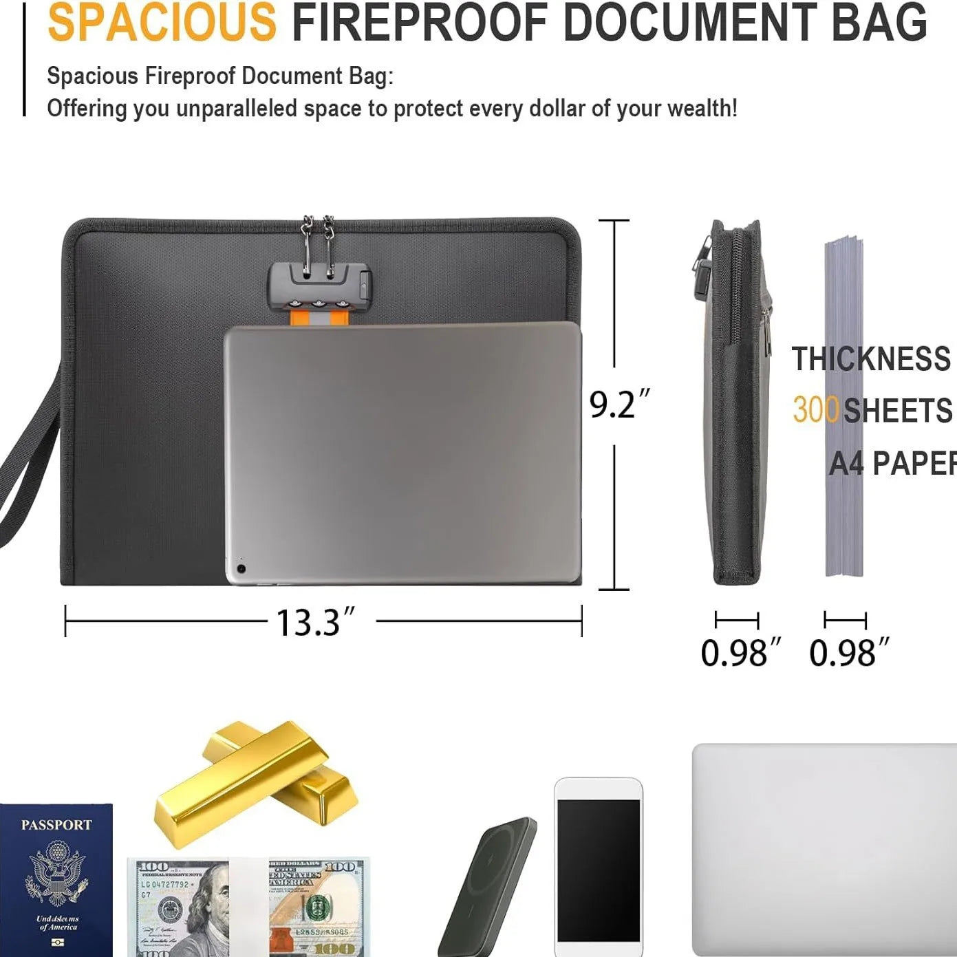 Portable File Bag Waterproof Fireproof Document Bag with Zipper Combination Lock Certificates Money Cards Safety Bag Protect