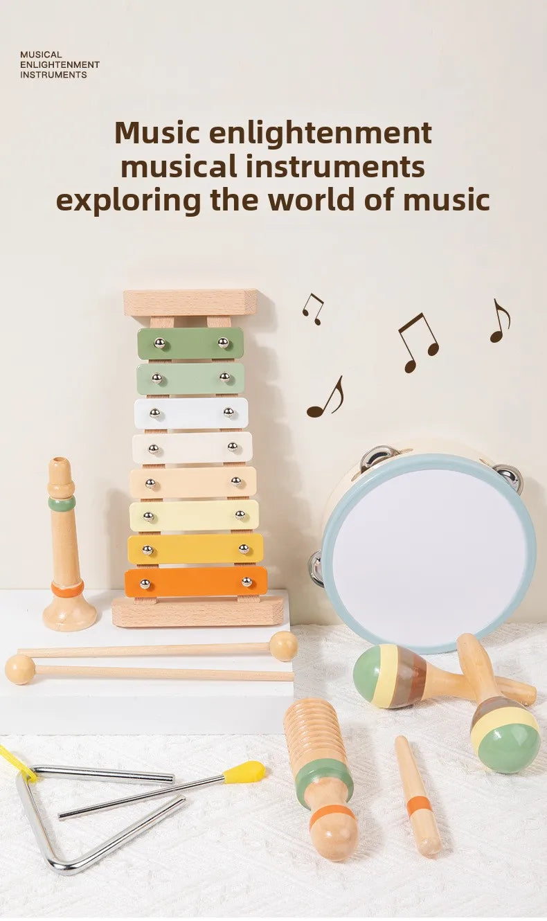 Montessori Wooden Percussion Set 6-in-1 Music Discovery Kit Toy for Toddlers 1-3 Years with Xylophone Shakers Sensory Toys Gifts