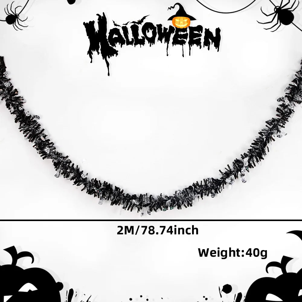 Halloween Decorative Streamers - 2m Dense Pumpkin & Skull Tinsel Hangings | Haunted House & Yard Decor with Bat Garlands
