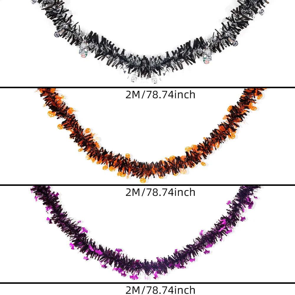 Halloween Decorative Streamers - 2m Dense Pumpkin & Skull Tinsel Hangings | Haunted House & Yard Decor with Bat Garlands