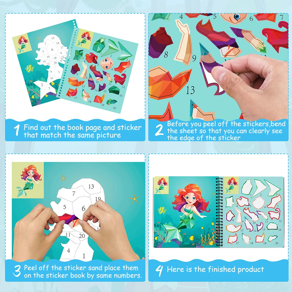 1-6PCS Sticker Book For Kids Unicorn Sticker Paint Book Mermaid Children's Sticker By Number For Birthday Gift Girls Stationery