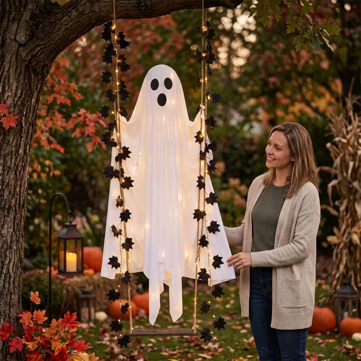 Halloween Ghost Pendant Maple Leaf Swing Ghost  Yard Decoration with Battery Box and Remote Control Halloween Party Decorations