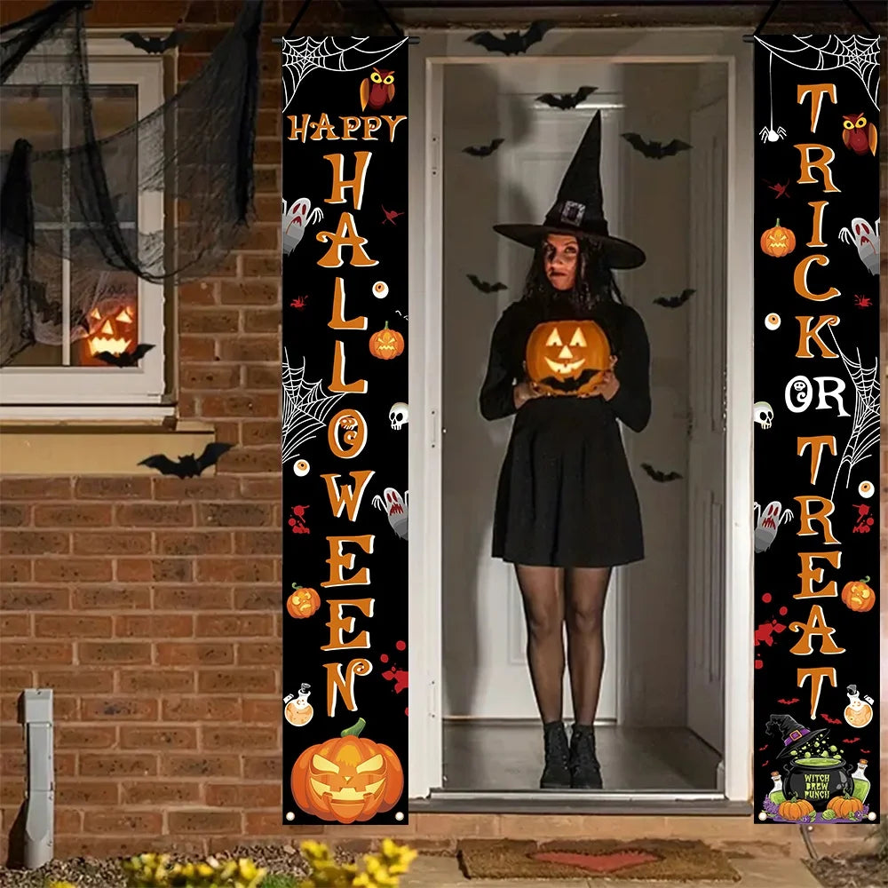 Halloween welcome banner, 1 piece, design includes pumpkins, spider webs and skulls, terrifying decoration on the wall.