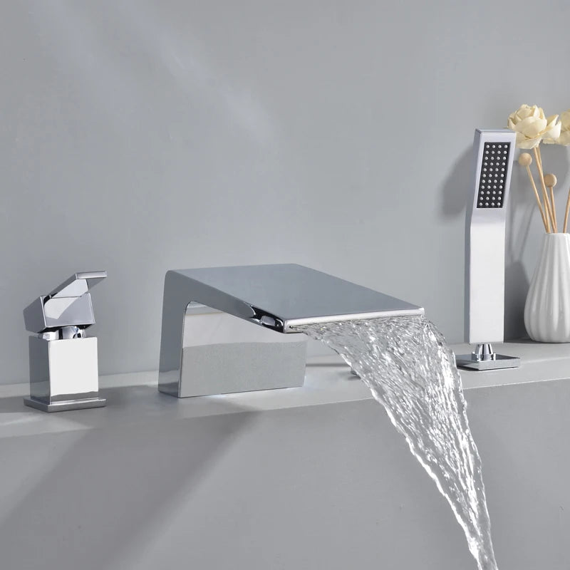 Solid Brass 4Pcs Gold Brushed  Waterfall Bathtub Faucet Set Black 4 Holes Hot and Cold Water Mixer Tap Bathroom