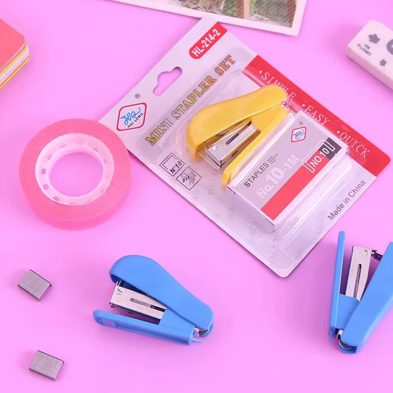 1Set Random Color Mini Size Stapler Set Solid Office Stationery Student Use For No. 10 Staples