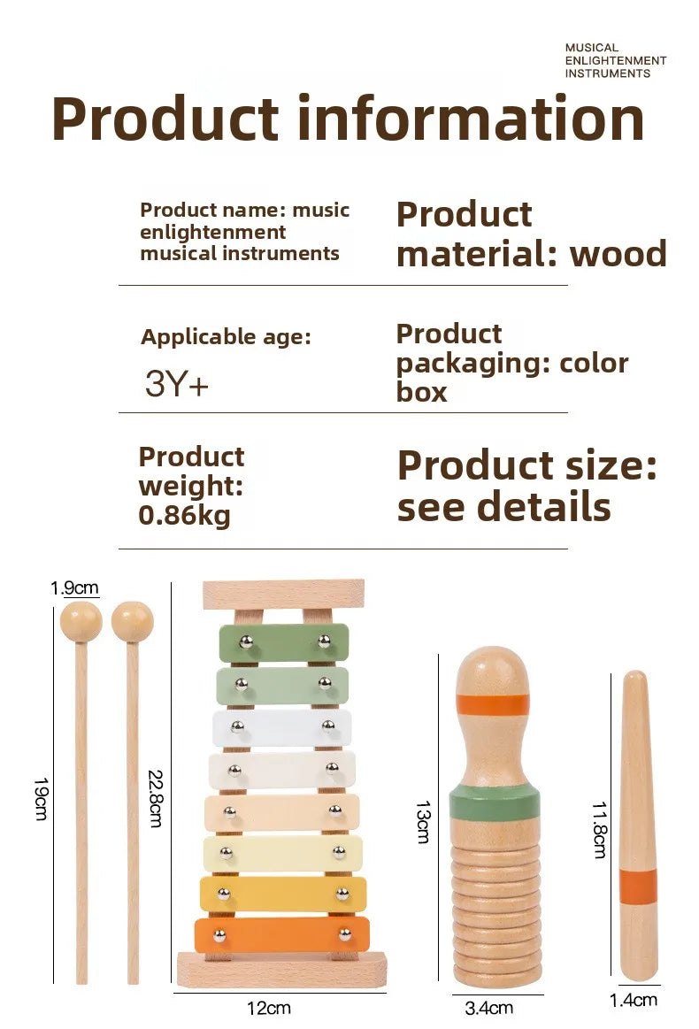 Montessori Wooden Percussion Set 6-in-1 Music Discovery Kit Toy for Toddlers 1-3 Years with Xylophone Shakers Sensory Toys Gifts