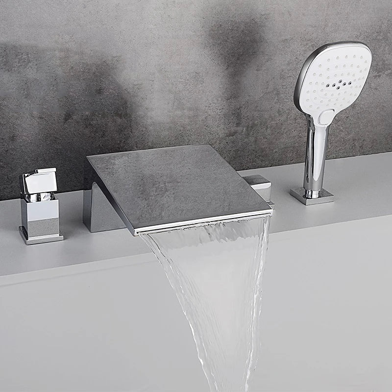 Solid Brass 4Pcs Gold Brushed  Waterfall Bathtub Faucet Set Black 4 Holes Hot and Cold Water Mixer Tap Bathroom
