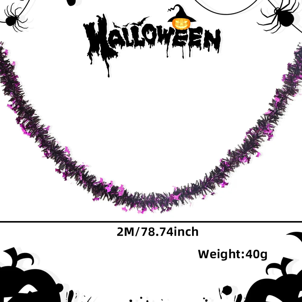 Halloween Decorative Streamers - 2m Dense Pumpkin & Skull Tinsel Hangings | Haunted House & Yard Decor with Bat Garlands