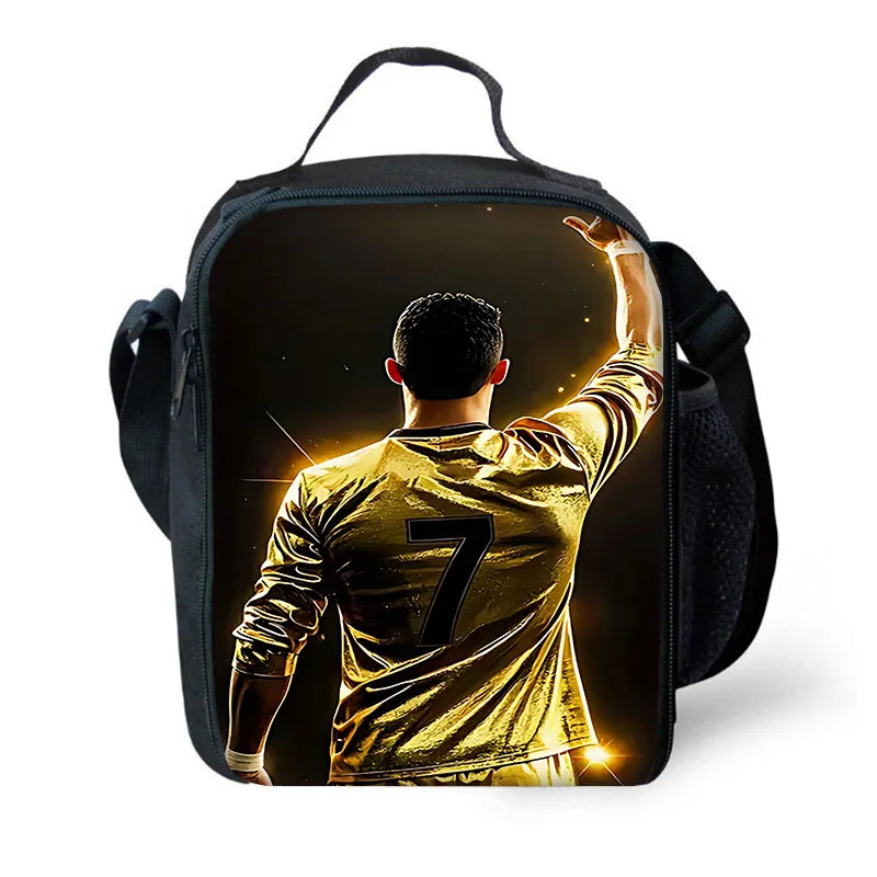 Football Star Child School Backpack with Lunch R-Ronaldos Bags ,Pencil Bags ,C-CR7 School Bags for Boys Girls Best Gift