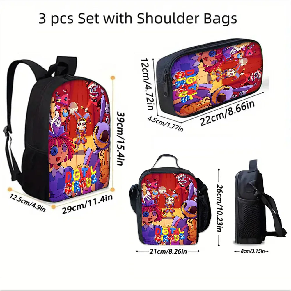 Cartoon A-AmazingS DigitalS Circus Child School Backpack with Lunch Bags ,Pencil Bags ,School Bags for Boys Girls Best Gift