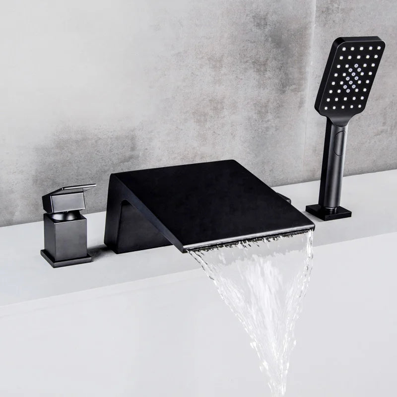 Solid Brass 4Pcs Gold Brushed  Waterfall Bathtub Faucet Set Black 4 Holes Hot and Cold Water Mixer Tap Bathroom