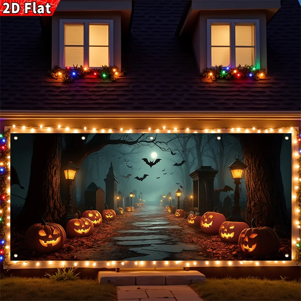 One oversized Halloween garage banner - featuring spooky pumpkin lanterns, bats, moons and haunted house patterns