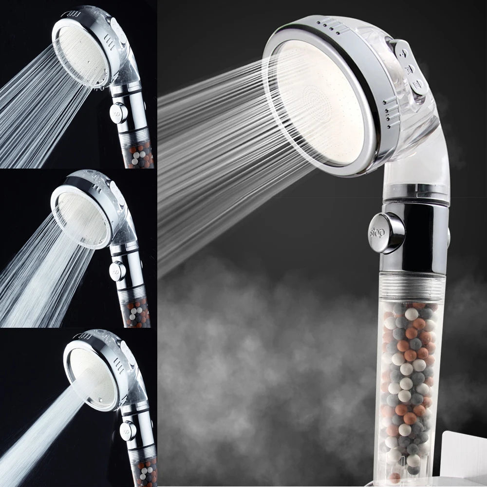 Shower Head High Pressure with Mineral Beads On/Off Switch Filter 3 Modes Water Saving Handheld Showerheads Bathroom Accessories