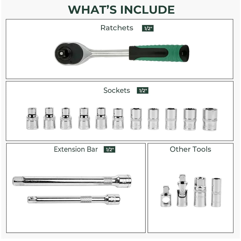 Set di 227 chiavi a bussola, chiave dinamometrica a cricchetto, kit combinato per riparazione auto, 1/4, 3/8, 1/2, chiave a cricchetto, cacciavite, inserti, utensile manuale