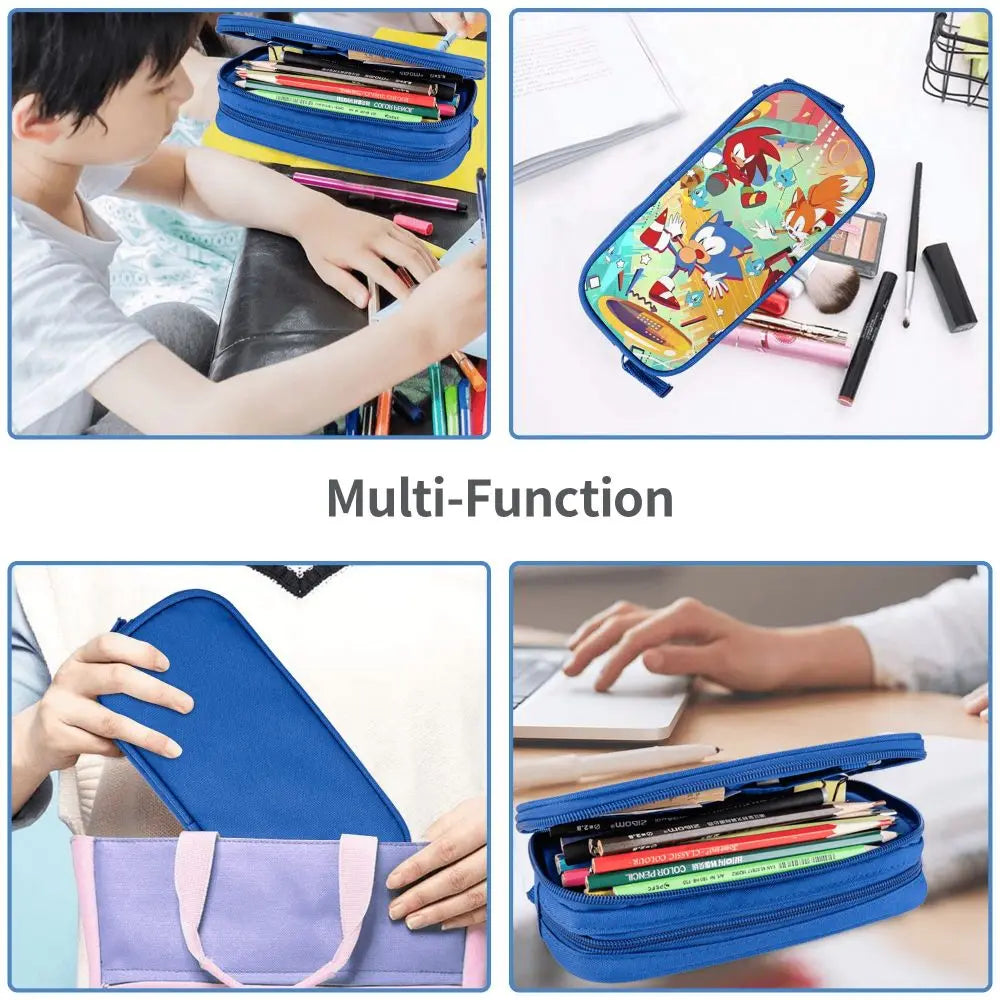 Cartoon Pencil Cases Cute Blue Hedgehogs Shadow  Pen Box Bags Student Large Storage School Supplies Zipper Pencilcases