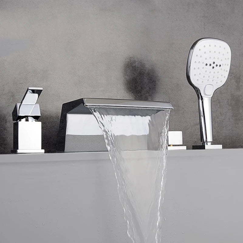 Solid Brass 4Pcs Gold Brushed  Waterfall Bathtub Faucet Set Black 4 Holes Hot and Cold Water Mixer Tap Bathroom