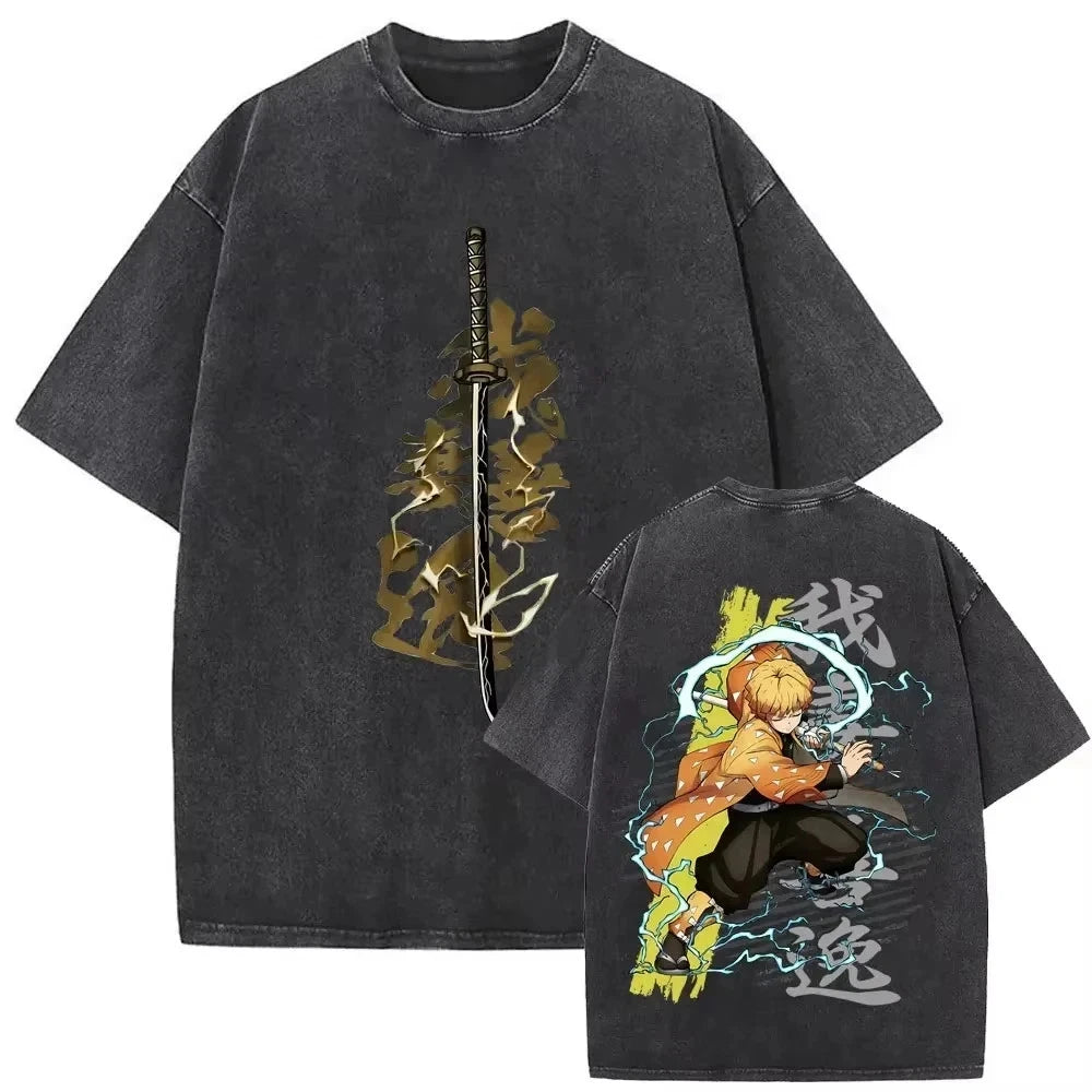Demon Slayer Men's Women's Washed T-Shirt  Retro Washed T-shirt Summer Unisex Loose and Breathable Cotton T-shirt Top
