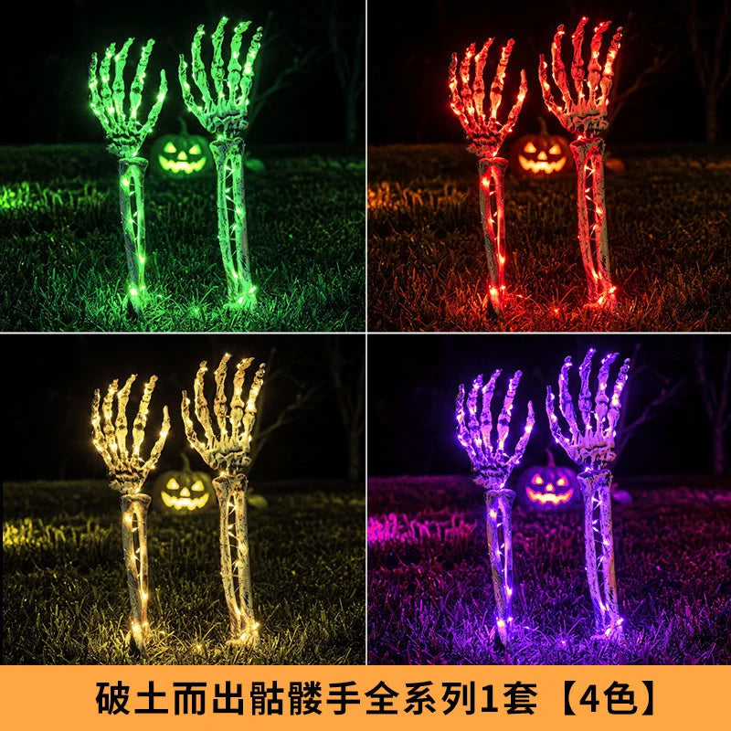 Halloween LED Lighted Skeleton Hands Skull Horror Props Outdoor Yard Garden Party Haunted House Graveyard Decorations Decor