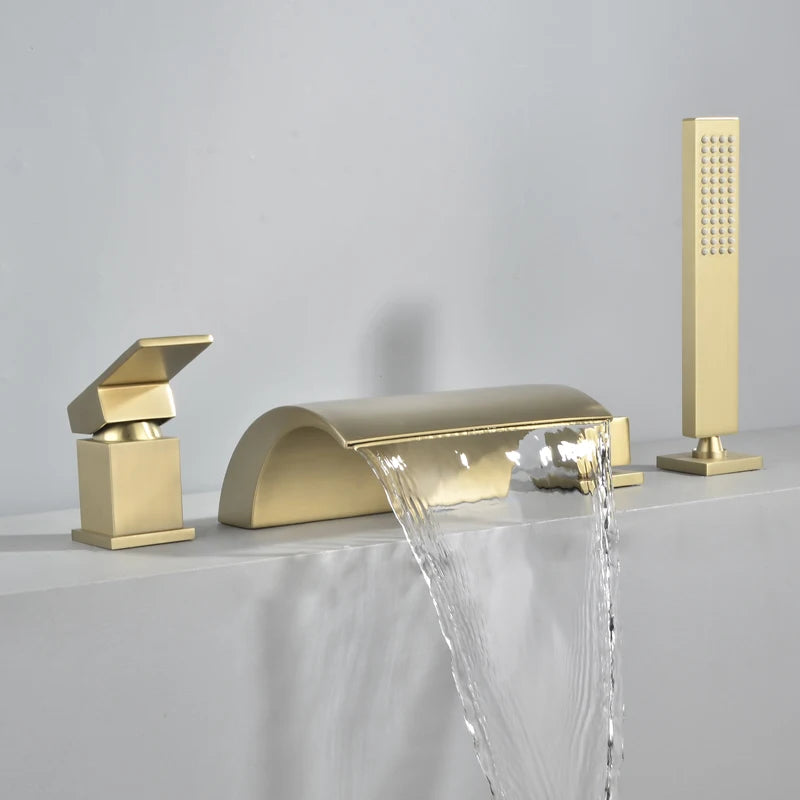Solid Brass 4Pcs Gold Brushed  Waterfall Bathtub Faucet Set Black 4 Holes Hot and Cold Water Mixer Tap Bathroom