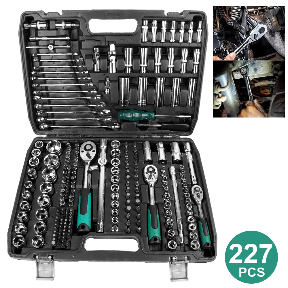 Set di 227 chiavi a bussola, chiave dinamometrica a cricchetto, kit combinato per riparazione auto, 1/4, 3/8, 1/2, chiave a cricchetto, cacciavite, inserti, utensile manuale