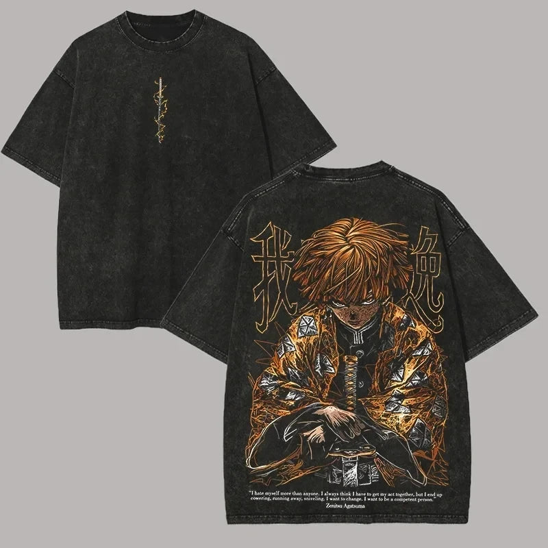 Demon Slayer Men's Women's Washed T-Shirt  Retro Washed T-shirt Summer Unisex Loose and Breathable Cotton T-shirt Top