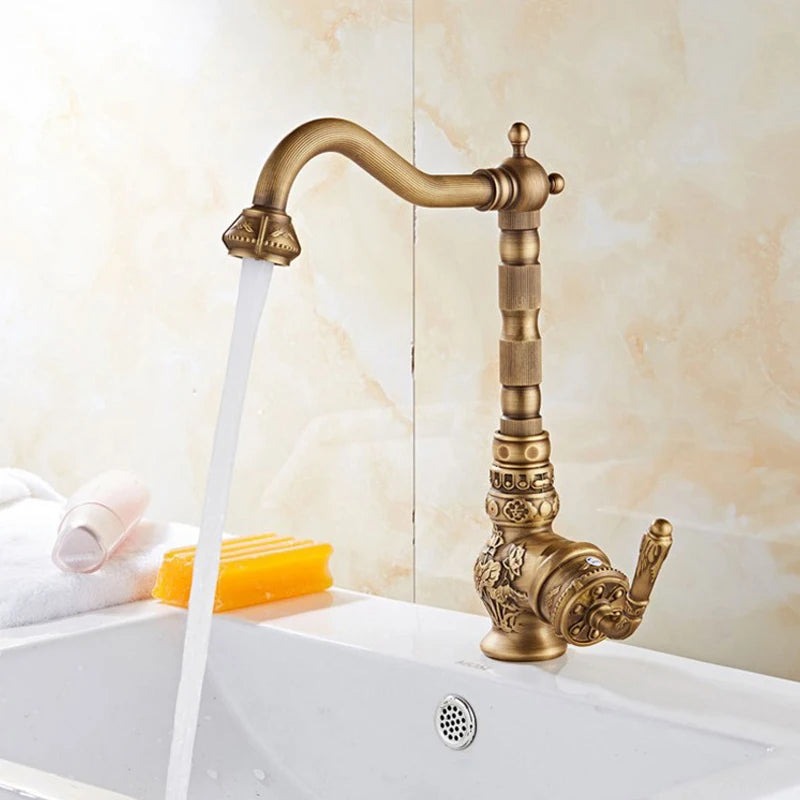 Antique Bronze Luxury Copper Deck Mount Sink Mixer Tap for Bathroom Basin, Hot/Cold Water Vintage Style Carving Design