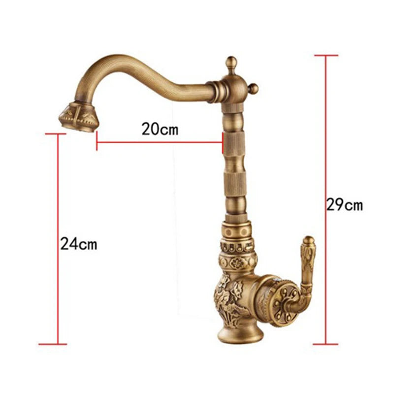 Antique Bronze Luxury Copper Deck Mount Sink Mixer Tap for Bathroom Basin, Hot/Cold Water Vintage Style Carving Design