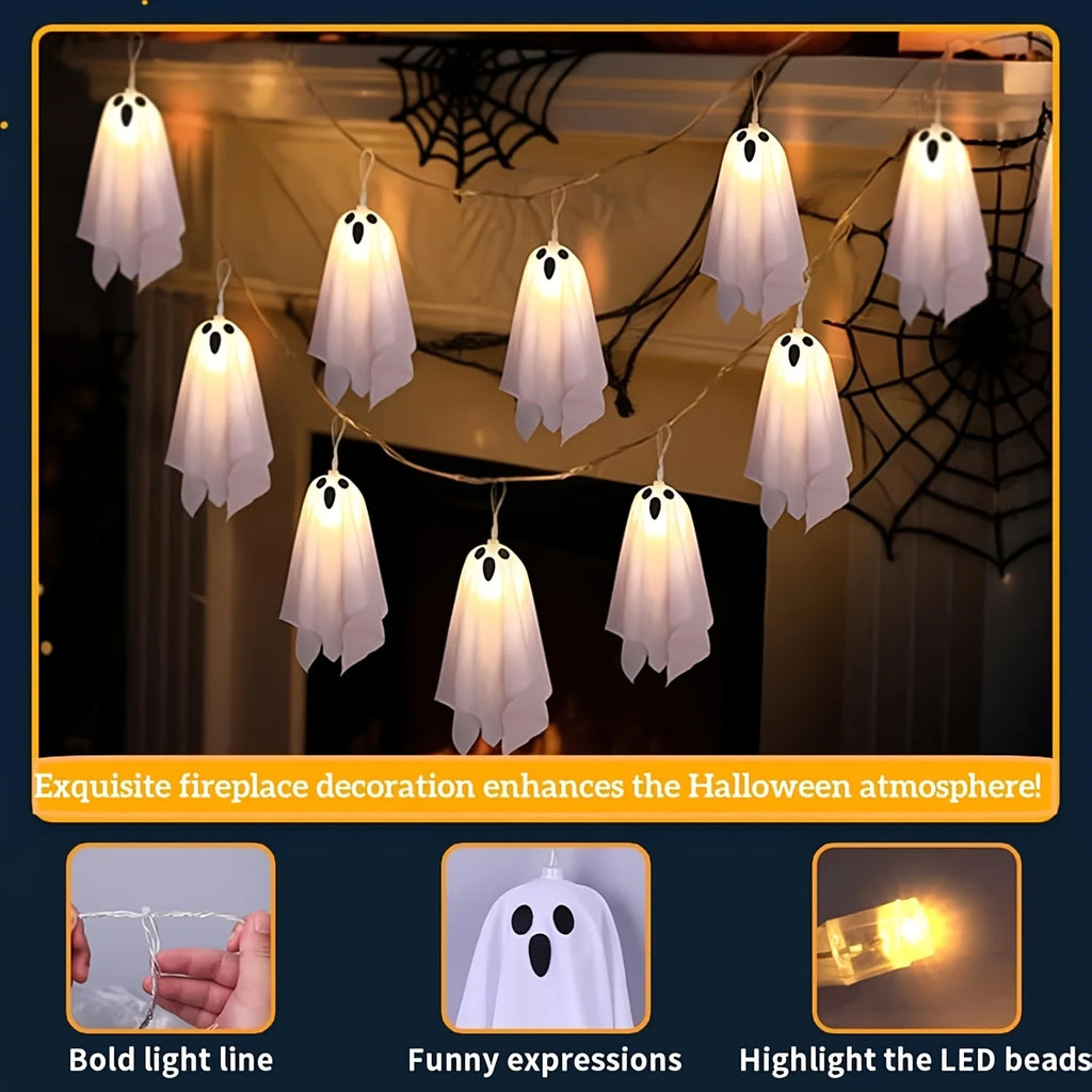 Halloween White Cloth Ghost LED String Lights Indoor Window Fireplace Spooky Party Hanging Decor Fairy Lamp