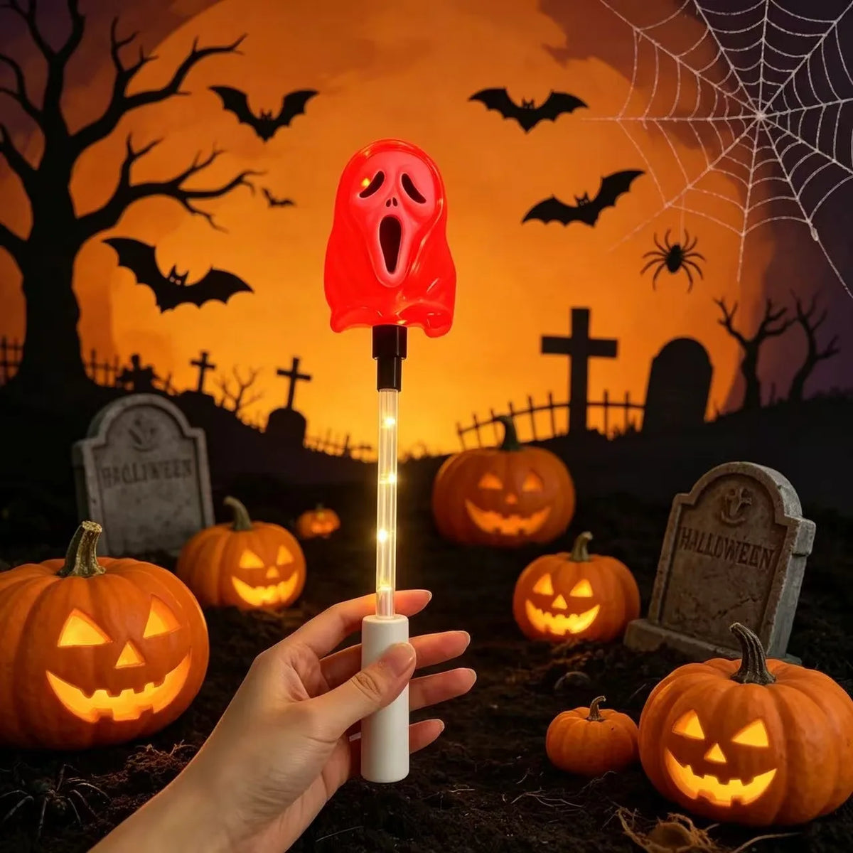 Halloween Ghost LED Light Up Wand,Battery Powered Glowing Scream Ghost Handheld Flashing Stick,Party Cosplay Decorations