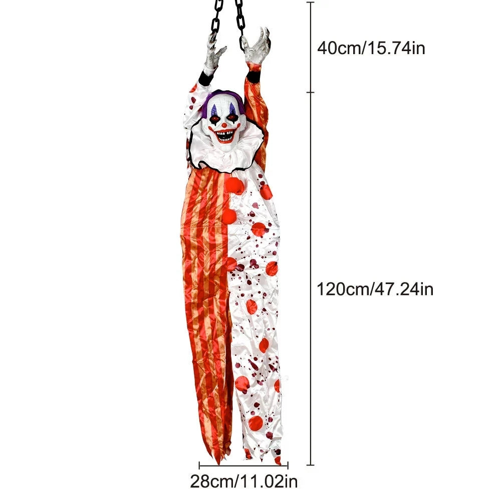 Halloween Party Props Animated Hanging Clown with Chain Glowing Eyes Creepy Sound for Haunted House Outdoor Yard Decoration