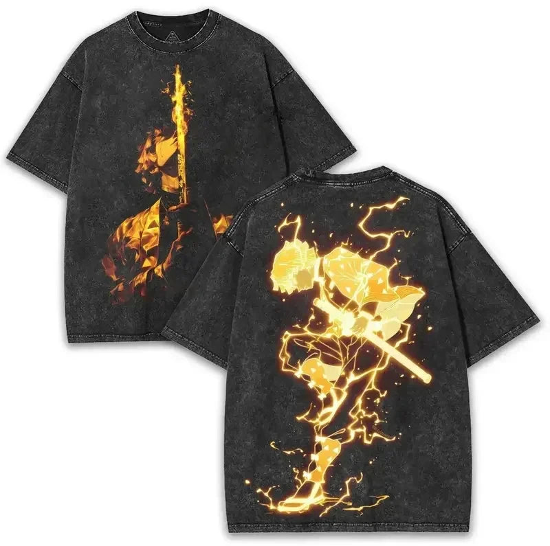 Demon Slayer Men's Women's Washed T-Shirt  Retro Washed T-shirt Summer Unisex Loose and Breathable Cotton T-shirt Top