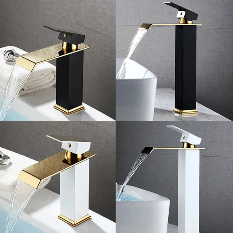 Basin Faucet Gold Black/White Waterfall Faucet Brass Bathroom Faucet Bathroom Basin Faucet Mixer Tap Hot and Cold Sink Faucet