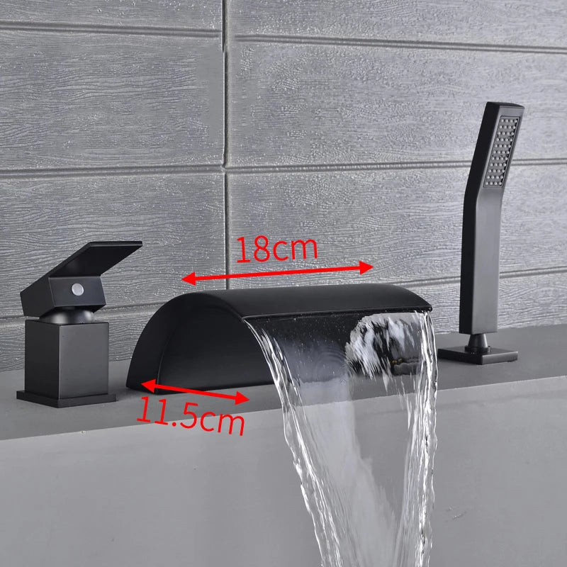 Solid Brass 4Pcs Gold Brushed  Waterfall Bathtub Faucet Set Black 4 Holes Hot and Cold Water Mixer Tap Bathroom