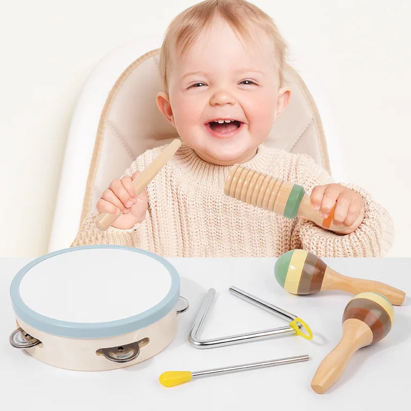 Montessori Wooden Percussion Set 6-in-1 Music Discovery Kit Toy for Toddlers 1-3 Years with Xylophone Shakers Sensory Toys Gifts