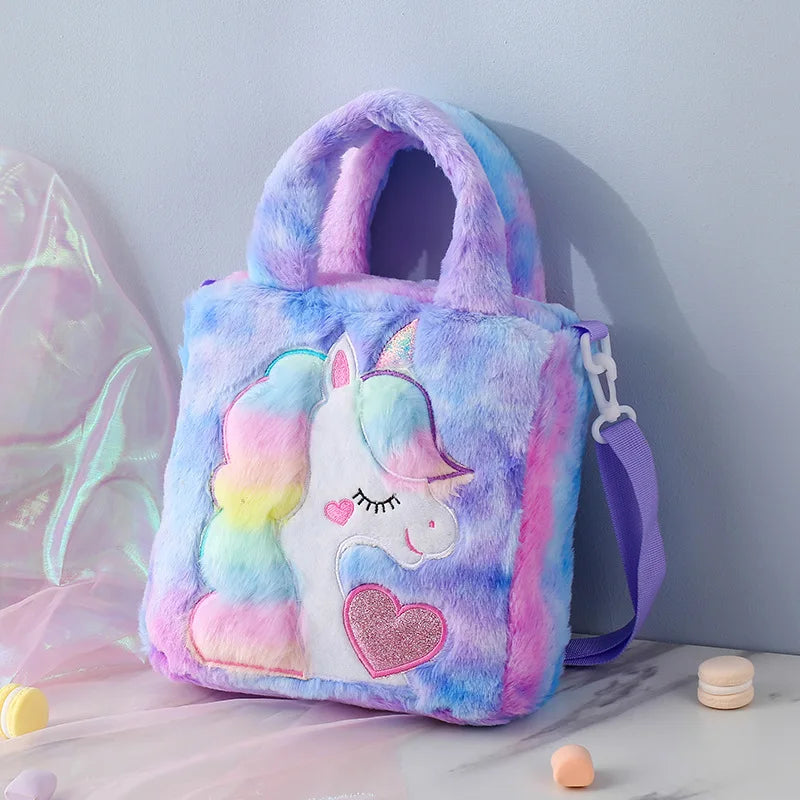 Kids Bags Shoulder Bags Cartoon Embroidered Plush One Shoulder Bag Cute Girl Children's Handbag Unicorn Girl Crossbody Bag Spot