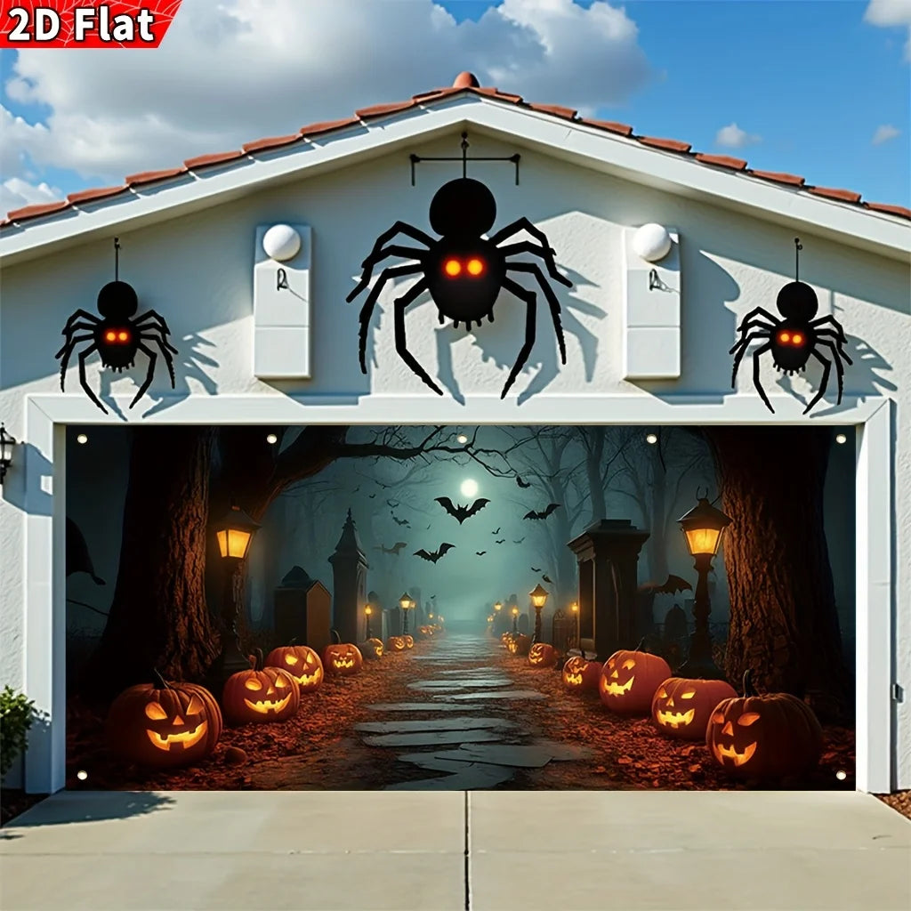 One oversized Halloween garage banner - featuring spooky pumpkin lanterns, bats, moons and haunted house patterns