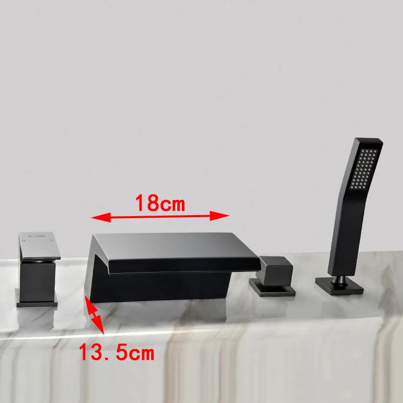 Solid Brass 4Pcs Gold Brushed  Waterfall Bathtub Faucet Set Black 4 Holes Hot and Cold Water Mixer Tap Bathroom
