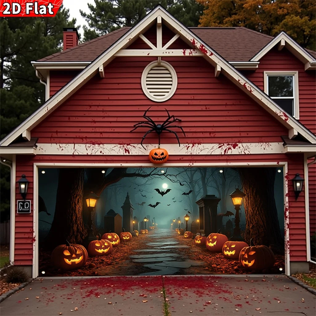 One oversized Halloween garage banner - featuring spooky pumpkin lanterns, bats, moons and haunted house patterns