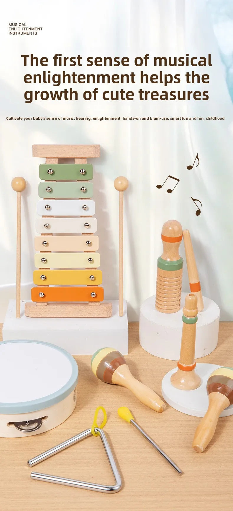 Montessori Wooden Percussion Set 6-in-1 Music Discovery Kit Toy for Toddlers 1-3 Years with Xylophone Shakers Sensory Toys Gifts