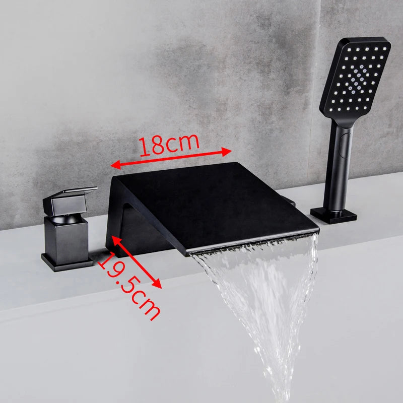 Solid Brass 4Pcs Gold Brushed  Waterfall Bathtub Faucet Set Black 4 Holes Hot and Cold Water Mixer Tap Bathroom