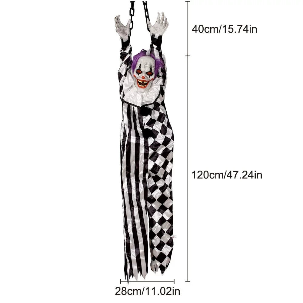Halloween Party Props Animated Hanging Clown with Chain Glowing Eyes Creepy Sound for Haunted House Outdoor Yard Decoration
