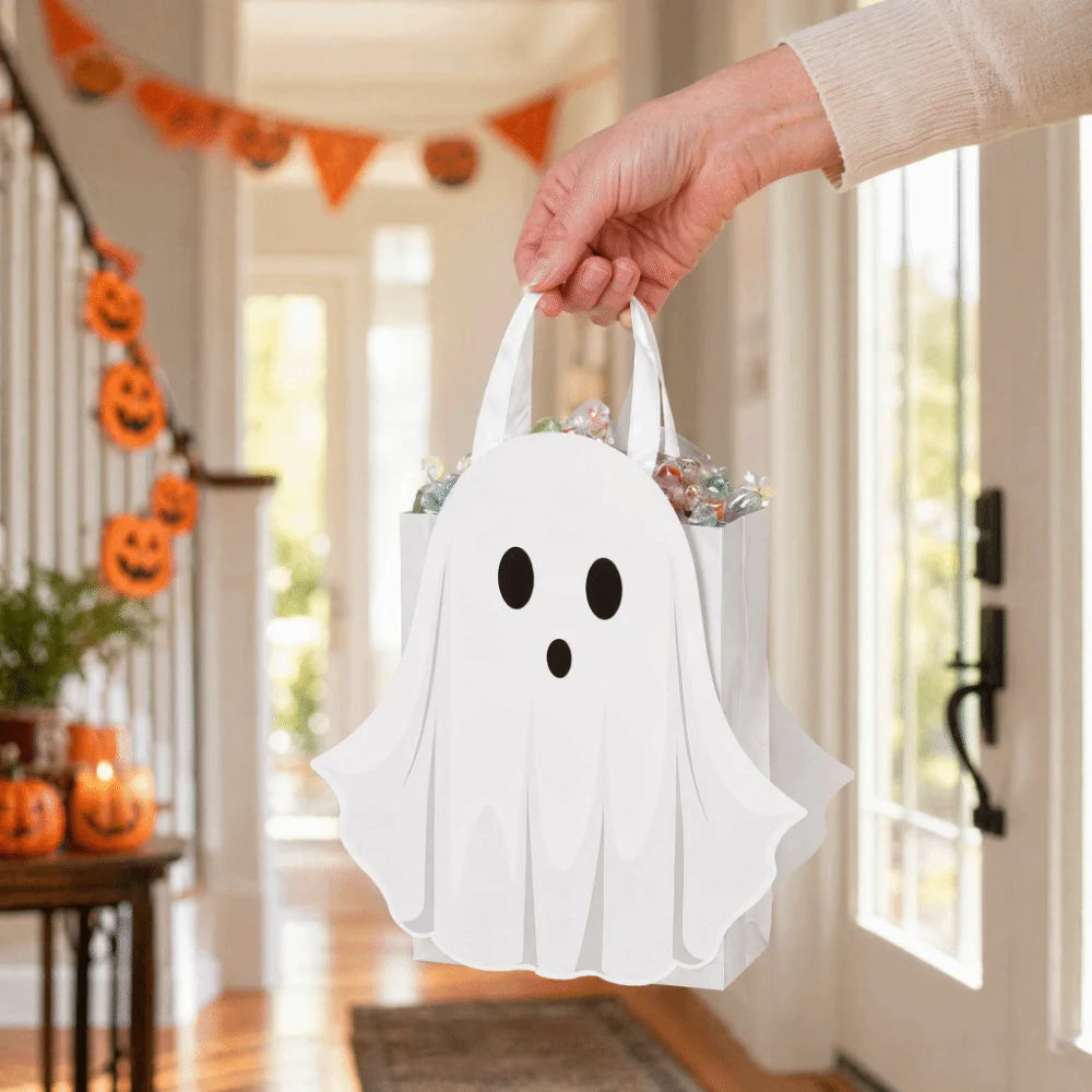 Halloween Home Decoration White Halloween Paper Bag Handbag Cartoon Ghost Packaging Bag Funny Festival Candy Gift Bag Kids