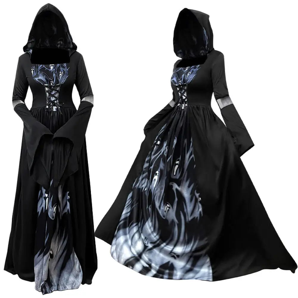 Halloween Witch Dress Gothic Vintage Dark-Style Hooded Vampire Dresses Bell Sleeves Full Skirt Waist Cinched Festival Party Gown