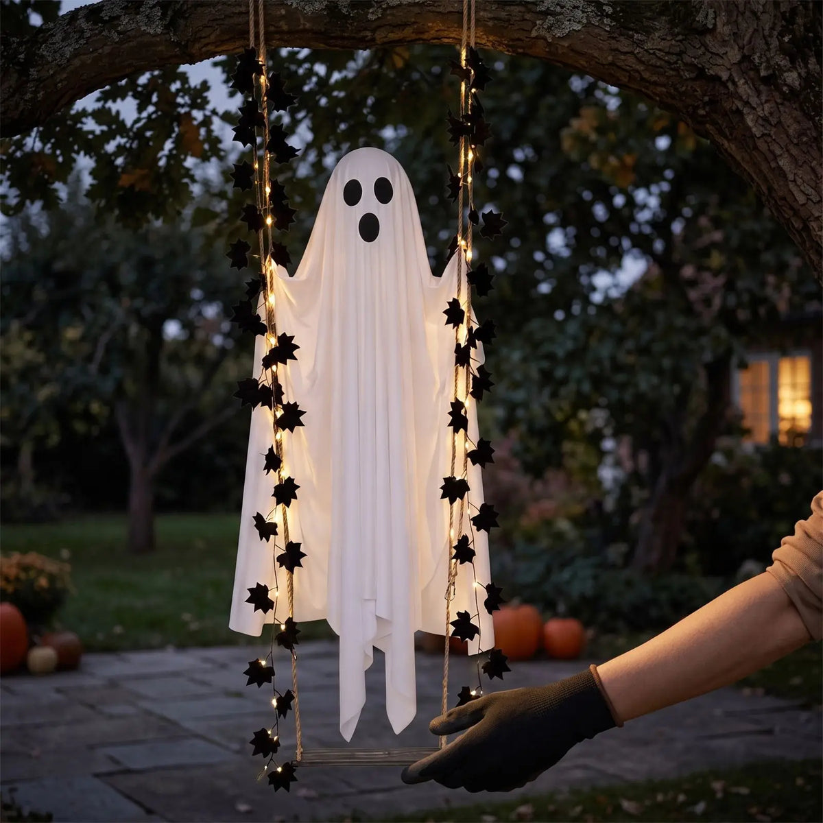 Halloween Ghost Pendant Maple Leaf Swing Ghost  Yard Decoration with Battery Box and Remote Control Halloween Party Decorations
