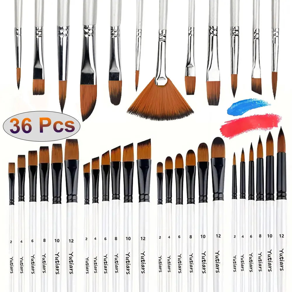 36pcs Premium Artist Paint Brush Set - Versatile Nylon Bristle Brushes For Acrylic, Oil & Watercolor - Includes Round, Filbert,