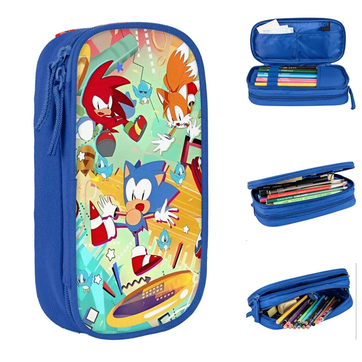 Cartoon Pencil Cases Cute Blue Hedgehogs Shadow  Pen Box Bags Student Large Storage School Supplies Zipper Pencilcases