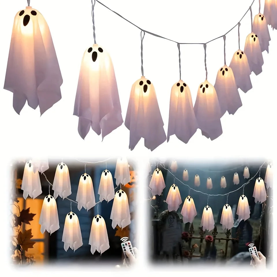 Halloween White Cloth Ghost LED String Lights Indoor Window Fireplace Spooky Party Hanging Decor Fairy Lamp